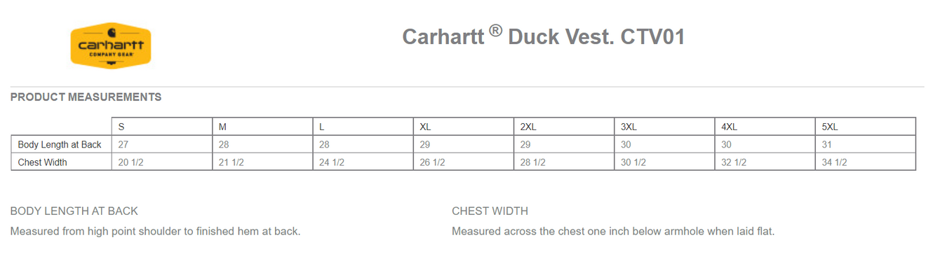 Size chart for a CTV01 Carhartt Duck Vest