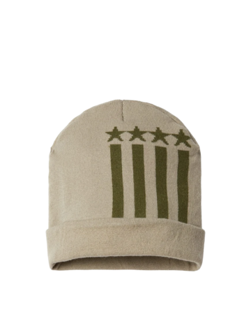 Model wearing a RK12 CAP AMERICA USA-Made Patriotic Cuffed Beanie